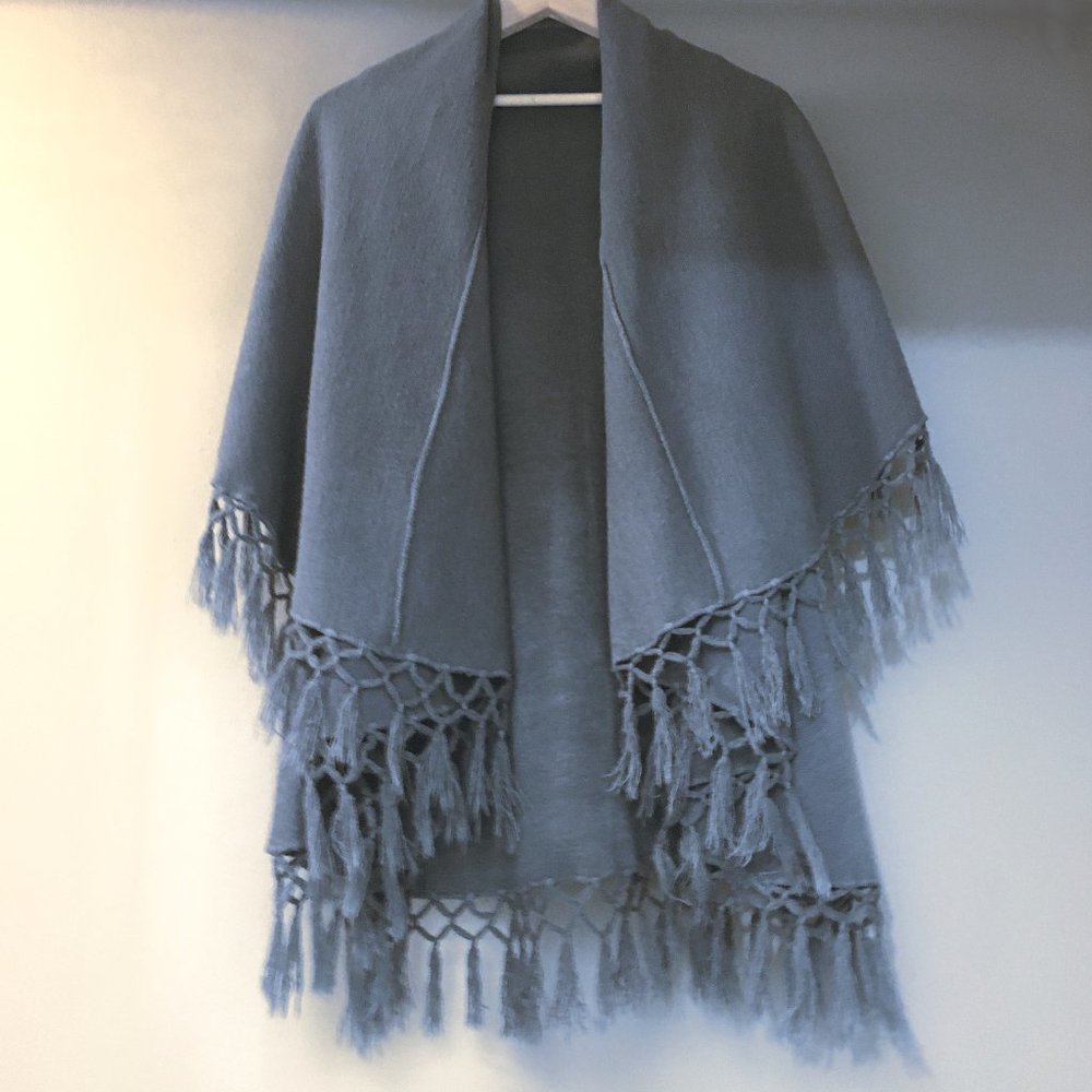 Vintage Whimsigoth Fringed Cape Shawl Steel Blue Grey Tassel Ruffle Poncho OS